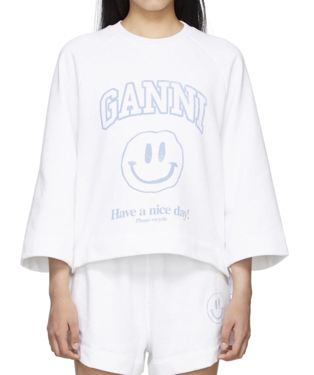 Ganni White Have A Nice Day Smiley Graphic Isoli Sweatshirt Top Size Large *Read